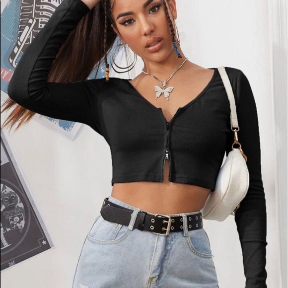 SHEIN | Tops | Shein Black Ribbed Long Sleeve Zip Crop Top | Poshmark